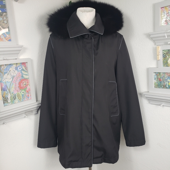 St. John Black Fox Hoodie Raincoat Peacoat Nylon Cashmere Wool Lining Pockets 8 - Picture 1 of 16